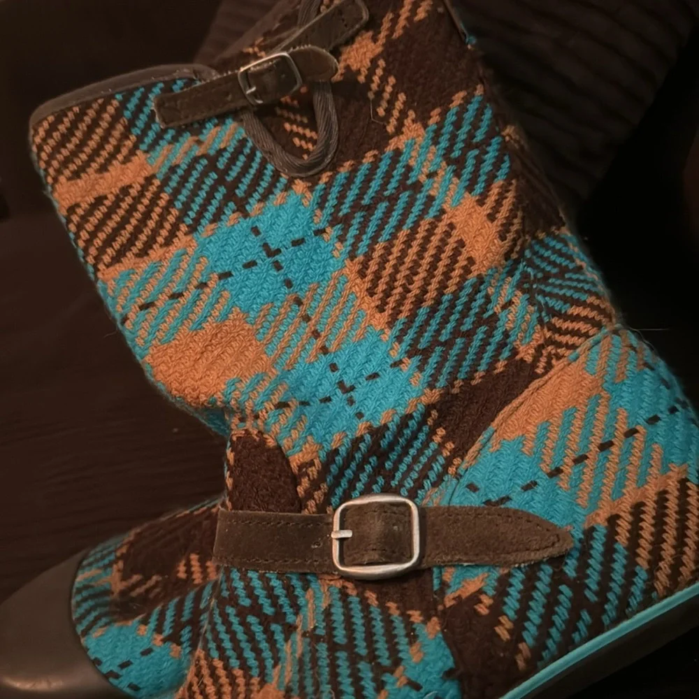 Turquoise brown plaid rain boots by sugar size 10